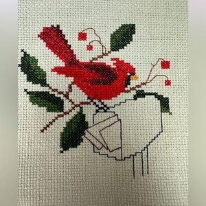Cardinal and Mailbox Counted Cross Stitch Hand Completed Needlework panel VTG